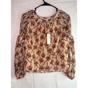 NWT Aureum Lura Smocked Blouse Ivory Floral Print Long Sleeve Size S